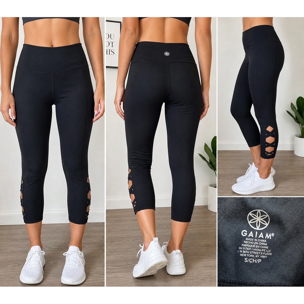 Gaiam Leggings Lattice Strappy Detail Black Athletic Yoga Crop Small
